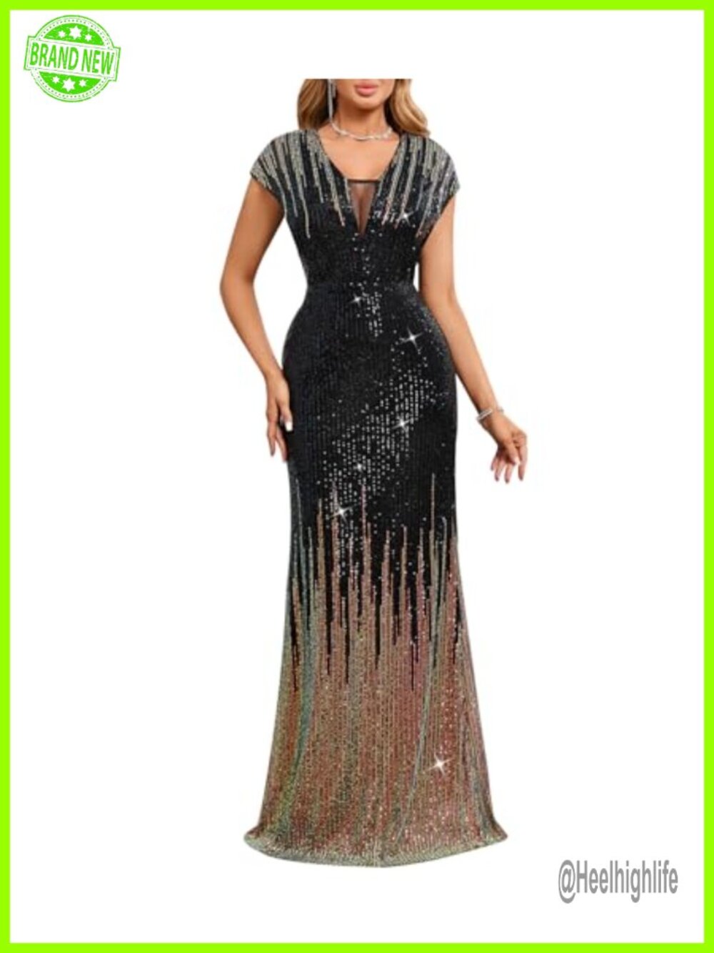Sequin V Neck Mermaid Maxi Formal Evening Gown Dress